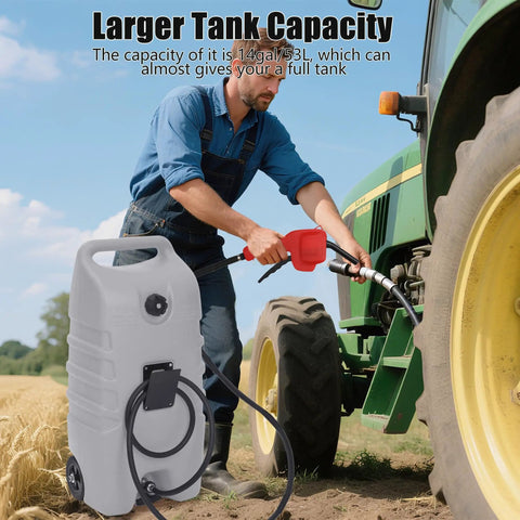 14 Gallon Portable Diesel Fuel Tank On Wheels With Siphon Pump And 10 Ft Hose near tractor in field