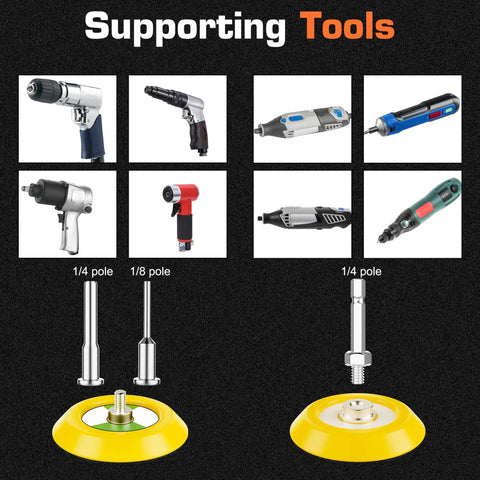 Supporting tools for 133pcs 3 Inch Sanding Disc Drill Polishing Kit with various drill attachments and shank sizes.