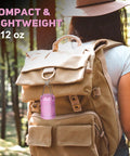 2 Pack Mini LED Pink Camping Lanterns Portable Outdoor Handheld Lights on backpack in forest