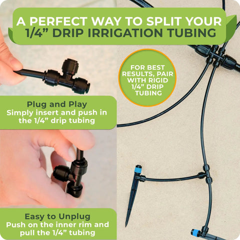 Drip Irrigation Fittings Pack With 3x 4 Way Barbed Tees 1/2 To 1/4 Inch And 3x 3 Way Tee Splitters 1/4 Inch Plus 5 End Plugs