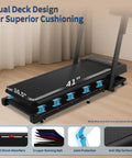 Close-up of 4 In 1 Foldable Walking Pad Treadmill with 10 shock absorbers and dual deck cushioning in a home setting.