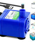 Low Power Submersible Cat Fountain Pump Replacement With Led Light 5V 1.5W DR-DC160 Compatible For Round Cubic And Flower Cap Styles Built To Last In Stainless Steel, featuring blue pump with USB connector and LED light illustrations