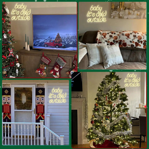 Collage of Christmas decor including tree and neon sign 'Baby it's cold outside' with stockings and cushions.