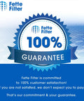 Fette Filter 100% guarantee badge for customer satisfaction shown on blue background.