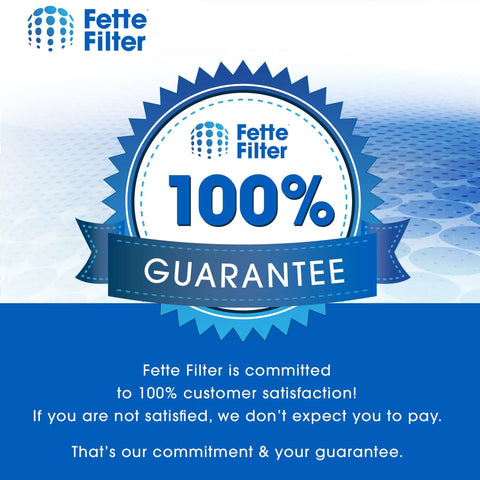 Fette Filter 100% guarantee badge for customer satisfaction shown on blue background.