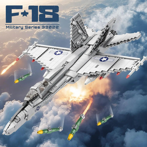 F-18 Hornet Fighter Jet Building Set With 1,387 Pieces flying with missiles over clouds, showcasing movable wings and cockpit detail.