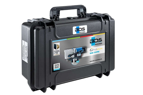 Front view of a black plastic carrying case for CS Unitec MAB 155PRO magnetic drill, with handle and label.