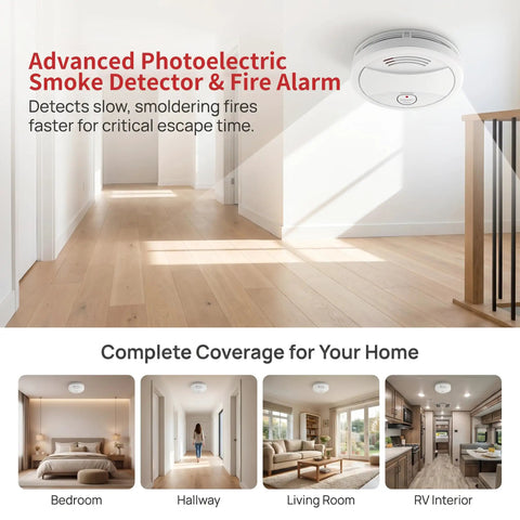 Battery Powered Indoor Safety Detector With Test And Mute, Low Power Indicator, And Photoelectric Sensor For Early Smoke And Fire Alerts In Homes, Easy Install, 1 Pack mounted on hallway ceiling