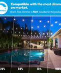 Dimmable Outdoor 48ft LED String Lights with Waterproof Shatterproof Edison Bulbs over a patio and pool, at various brightness levels.