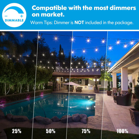 Dimmable Outdoor 48ft LED String Lights with Waterproof Shatterproof Edison Bulbs over a patio and pool, at various brightness levels.