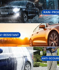 Three images showing cars with rain-proof, UV-resistant, and anti-scouring features, showcasing durability in different conditions.