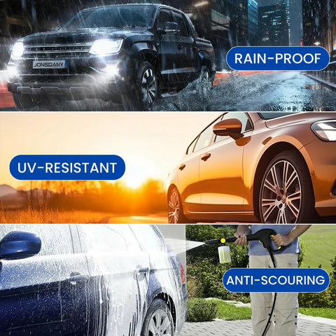 Three images showing cars with rain-proof, UV-resistant, and anti-scouring features, showcasing durability in different conditions.