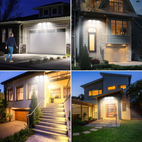Outdoor Motion Sensor Flood Lights With 30W 3500LM Output illuminating houses at night, showing three-headed LED security lighting.