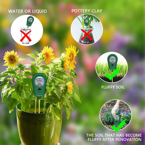 3 In 1 Soil Test Kit With Moisture Meter, pH Tester And Fertility Gauge inserted in soil, surrounded by plants and icons