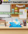 Custom 3D Printed Teacher Desk Name Plate Personalized Sign With Bold 3D Letters on classroom desk with books and pens