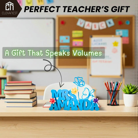 Custom 3D Printed Teacher Desk Name Plate Personalized Sign With Bold 3D Letters on classroom desk with books and pens