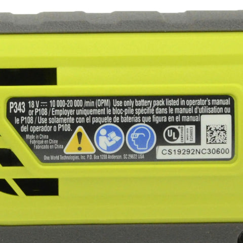 Label on the 18V One Plus Cordless Oscillating Multi Tool showing voltage and operational cautions.