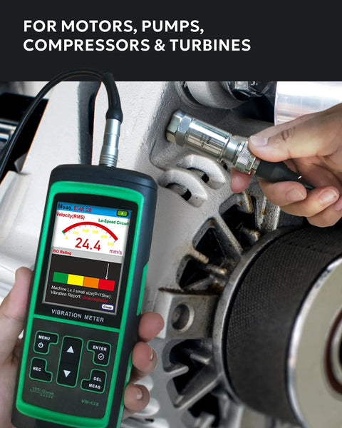 Pro Grade Vibration Analyzer VM 428 With External Sensor And PC Software For Motors Pumps Turbines And Machinery Five Parameter Diagnostics ISO Rating 0.1 To 300 Meters Per Second Squared Acceleration 1 To 850 Millimeters Per Second Velocity 30 Hz To 14 handheld analyzer measuring motor vibration