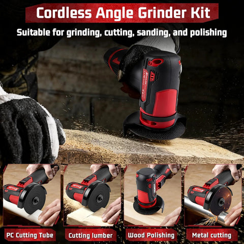 Rivlox cordless 3-inch mini angle grinder kit with 2x12V batteries, charger, and 5 cutting discs