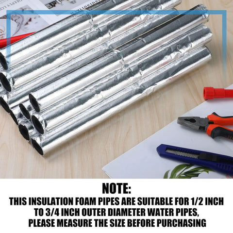 12 Pack Foam Pipe Insulation Tubes Self Adhesive Water Line Warmth Shield For Outdoor Winter Irrigation Sprinklers 1.3 Feet Long 0.6 Inch Diameter Includes Tape For Easy Sealing And Freeze Protection on table with tools