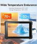 Badass Eight Inch Android 14 Rugged Tablet Packed With Zebra 4710 Barcode And QR Scanner showing wide temperature endurance range.