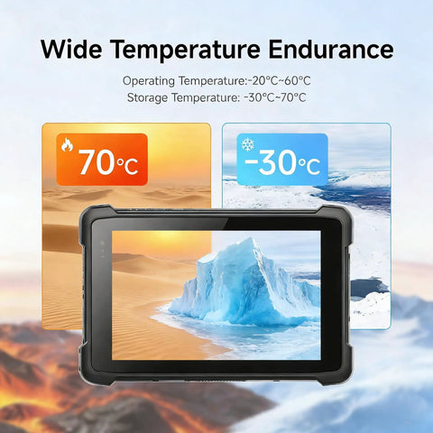 Badass Eight Inch Android 14 Rugged Tablet Packed With Zebra 4710 Barcode And QR Scanner showing wide temperature endurance range.