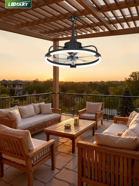20 Inch Outdoor Ceiling Fan With Lights For Patio And Gazebo IP65 Waterproof Caged Design in pergola setting at sunset