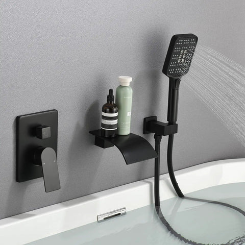 Matte Black Tub Faucet Set With Handheld Sprayer And Wall Mount Tub Filler Rough In Valve Trim Kit Half Inch NPT Easy Install Lifetime Warranty
