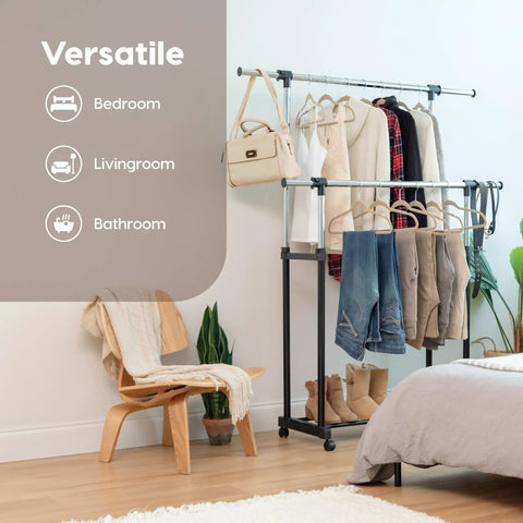 Heavy Duty Double Rod Clothes Rack With Smooth Rolling Lockable Wheels And Height Adjustable Extendable Bar Dead Simple Setup Portable Wardrobe Stand For Coats Dresses Pants Belts Shoes Hang Whatever You Need No Sweat