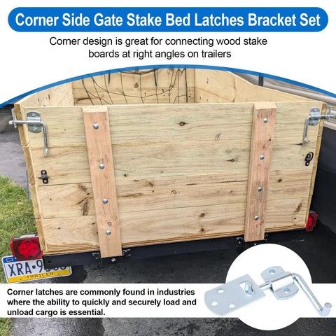 Pro Grade Truck Stake Bed Latches Bracket Set With Tough As Nails Corner Connectors, corner latch on wooden trailer.