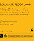 Text description of a Boulevard floor lamp, 61 inches tall with dual pull chains and white silk-like fabric drum shade. Safety certified details included.