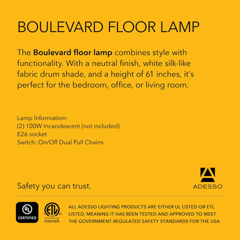 Text description of a Boulevard floor lamp, 61 inches tall with dual pull chains and white silk-like fabric drum shade. Safety certified details included.