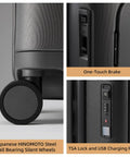 Close-up of Hang Safe Carry On Luggage with USB port, TSA lock, and silent wheels