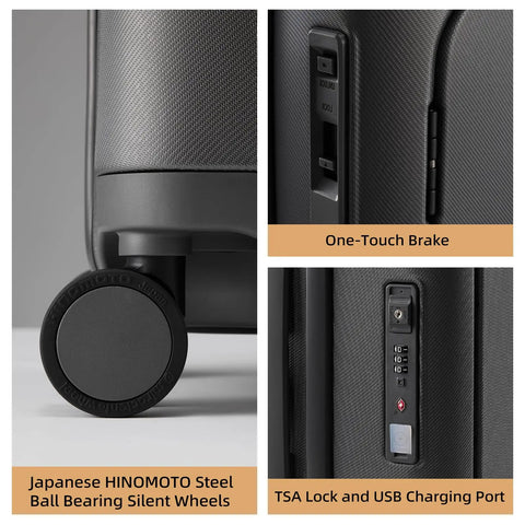 Close-up of Hang Safe Carry On Luggage with USB port, TSA lock, and silent wheels