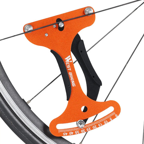 Must Have Pro Grade Aluminum Spoke Tension Meter For Bikes, Durable Wheel Tension Tool In Yellow, shown measuring spoke tension