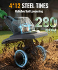 Close-up of 20V Cordless Garden Tiller Cultivator With 4 By 12 Steel Tines in action, showing dirt being tilled at 280 RPM.