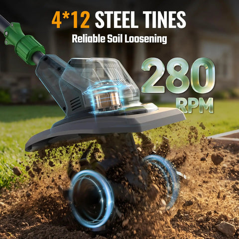 Close-up of 20V Cordless Garden Tiller Cultivator With 4 By 12 Steel Tines in action, showing dirt being tilled at 280 RPM.