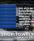 Blue shop towels stacked in front of an automotive background with text highlighting uses like car detailing and industrial use.