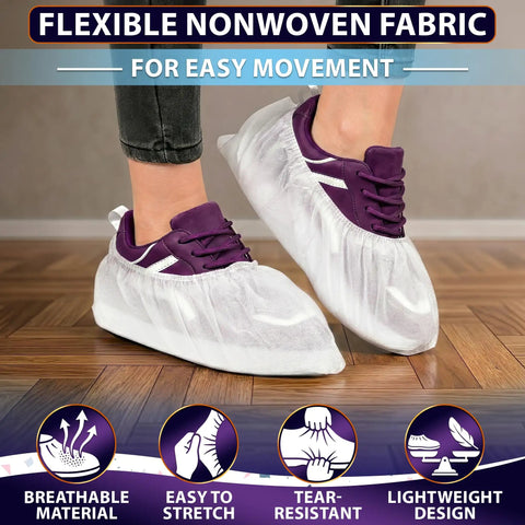 Person wearing Bulk Disposable Shoe Covers, 50 Pairs Per Box, Indoor Use Only, Thin Nonwoven Fabric, Stretch Fit Up To 15.7 Inches