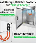 Tough As Nails Stainless Steel EV Charger Lock Box With Keyed Secure Cover featuring open door, ventilation port, and heavy-duty hook.