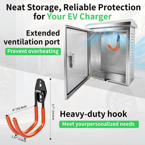 Tough As Nails Stainless Steel EV Charger Lock Box With Keyed Secure Cover featuring open door, ventilation port, and heavy-duty hook.