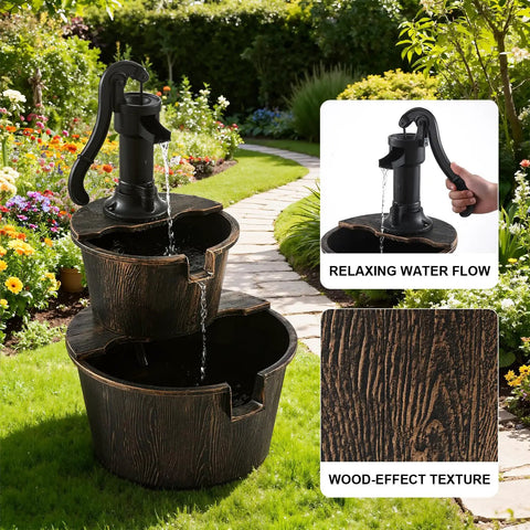 Three Tier Rustic Barrel Waterfall Fountain With Recirculating Pump For Outdoor Garden Patio Backyard And Porch 40 Inch Wooden Water Feature installed in a garden