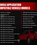 Front view of automotive parts compatibility banner listing Ford models; red SUV on black carbon-fiber background.