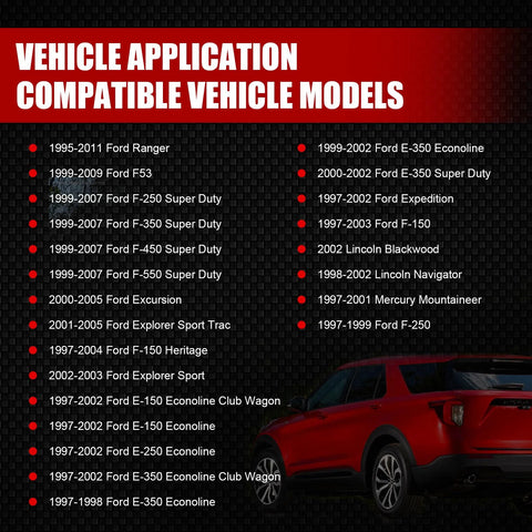 Front view of automotive parts compatibility banner listing Ford models; red SUV on black carbon-fiber background.