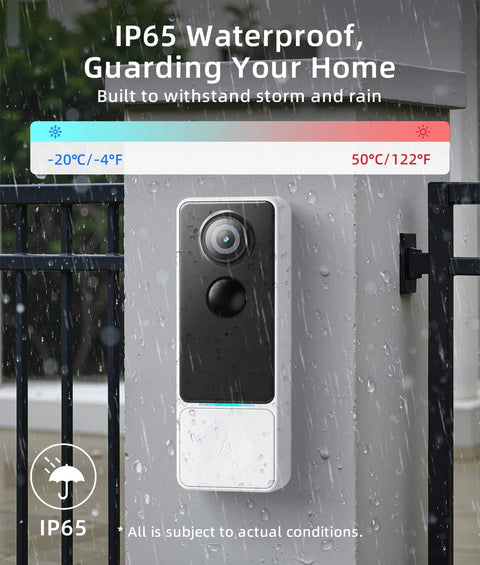 3MP Wireless Video Doorbell With 2K HD Footage No Monthly Fees Battery Powered mounted on a wall in rainy weather