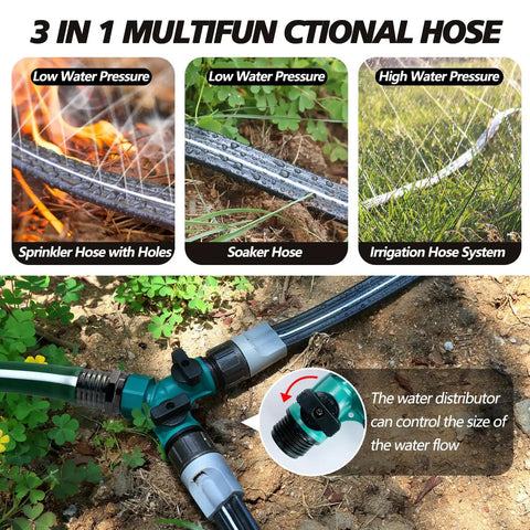 Flat Soaker Hose With Holes 100 Ft Drip Irrigation Hose For Lawn Garden Beds And Vegetables Includes Garden Staples And Splitters Easy Connect UV Protected Durable Soaker Hose For Even Watering No Fuss showing 3-in-1 functionality