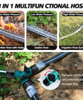 Close-up of Flat Soaker Hose With Holes 50 Ft For Lawn And Garden Watering, 3 Tube Sprinkler Hose Kit with focus on water flow control.