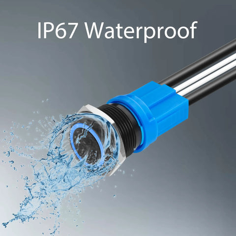 Latching Push Button Switch 1NO, IP67 Waterproof, 5-24V DC, 20A, Rugged Aluminum Alloy Body, With Wire Socket Plug, Blue 19mm, Perfect For Automotive, Marine, Security, Door Entry And DIY Projects, blue 19mm connector