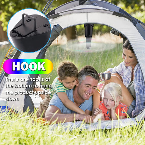 Family camping with Four Pack Portable Fly Fans For Tables Indoors Outdoors Battery Powered Tabletop Fans For Picnics Dinners Outdoor Parties Home Use Black Keeps Tables Fly Free And Food Fresh Requires Two AA Batteries Not Included, showing hook feature.