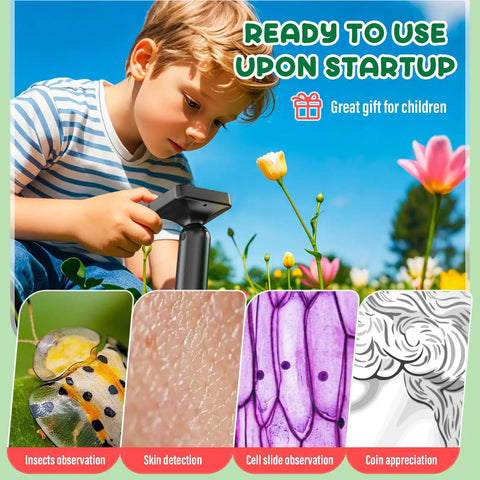Kid Friendly Microscope 50x To 1000x Magnification With 2 Inch HD Screen And 1080P Video 32GB Card 2 Hour Battery Easy Carry Includes Slides Portable Science Kit Gift For Ages 8 To 12, child using handheld scope outdoors